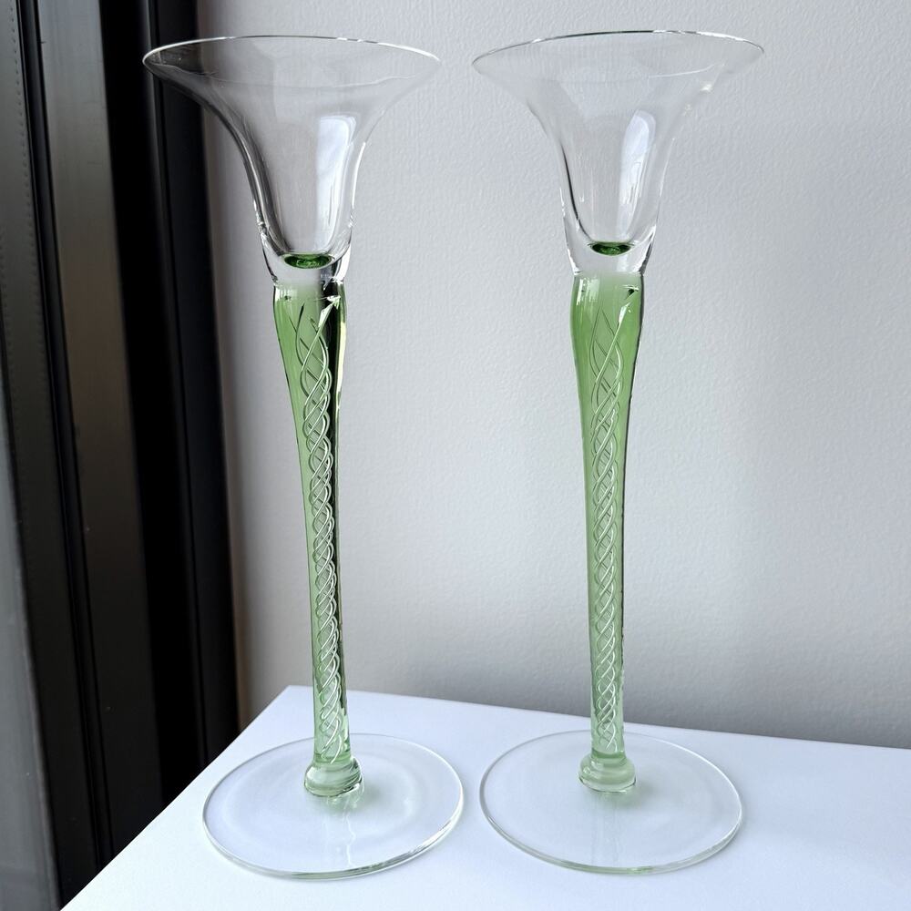 Pair of BLOCK Crystal Glass Poland Candle Stick Holders Green Air Twist Stem 10"